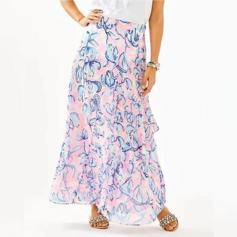Lilly Pulitzer Agnes Skirt Ruffle Maxi Floral Chasing the Sun Sweet Pea 4